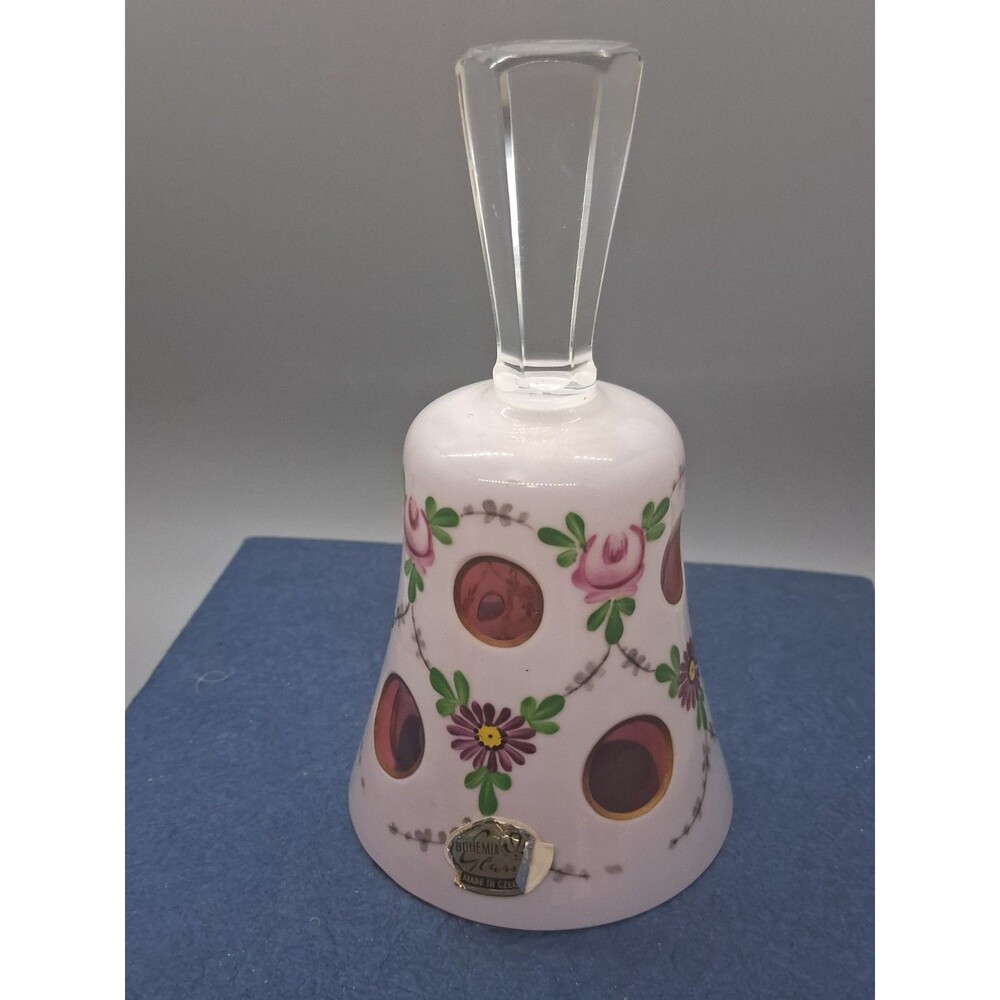 Bohemia Crystal Vintage Milk Glass Bell White Cut To Cranberry Handpainted Roses